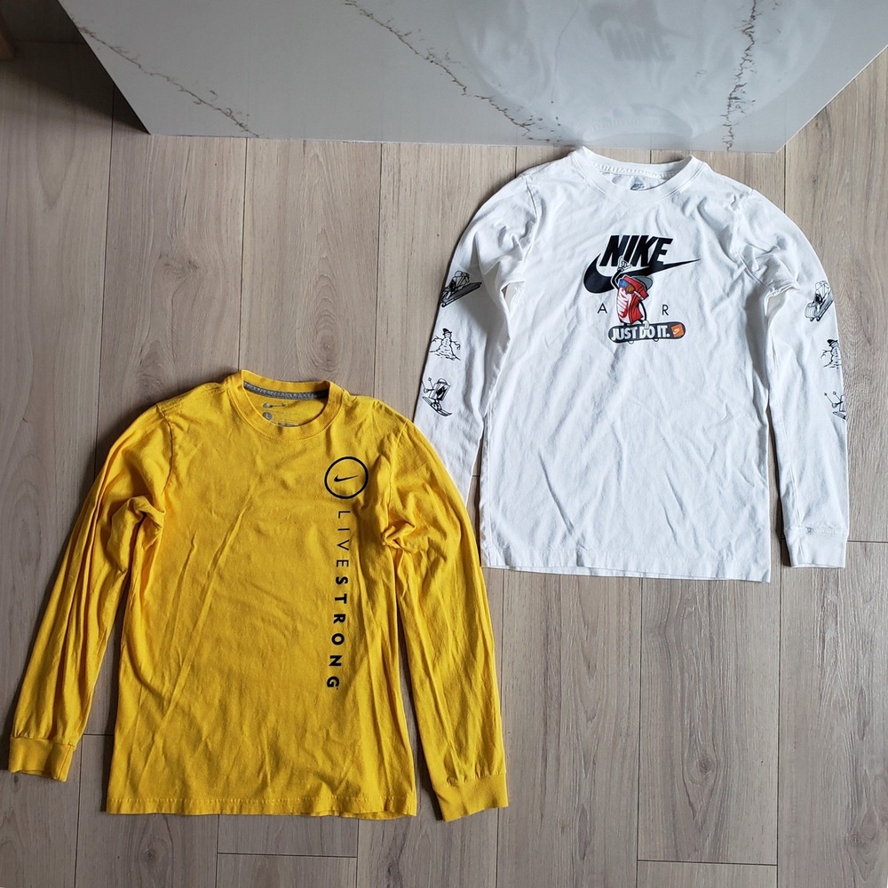 Nike Shirt Bundle Boys L Yellow White Livestrong Graphic Long Sleeve 2 Piece Lot